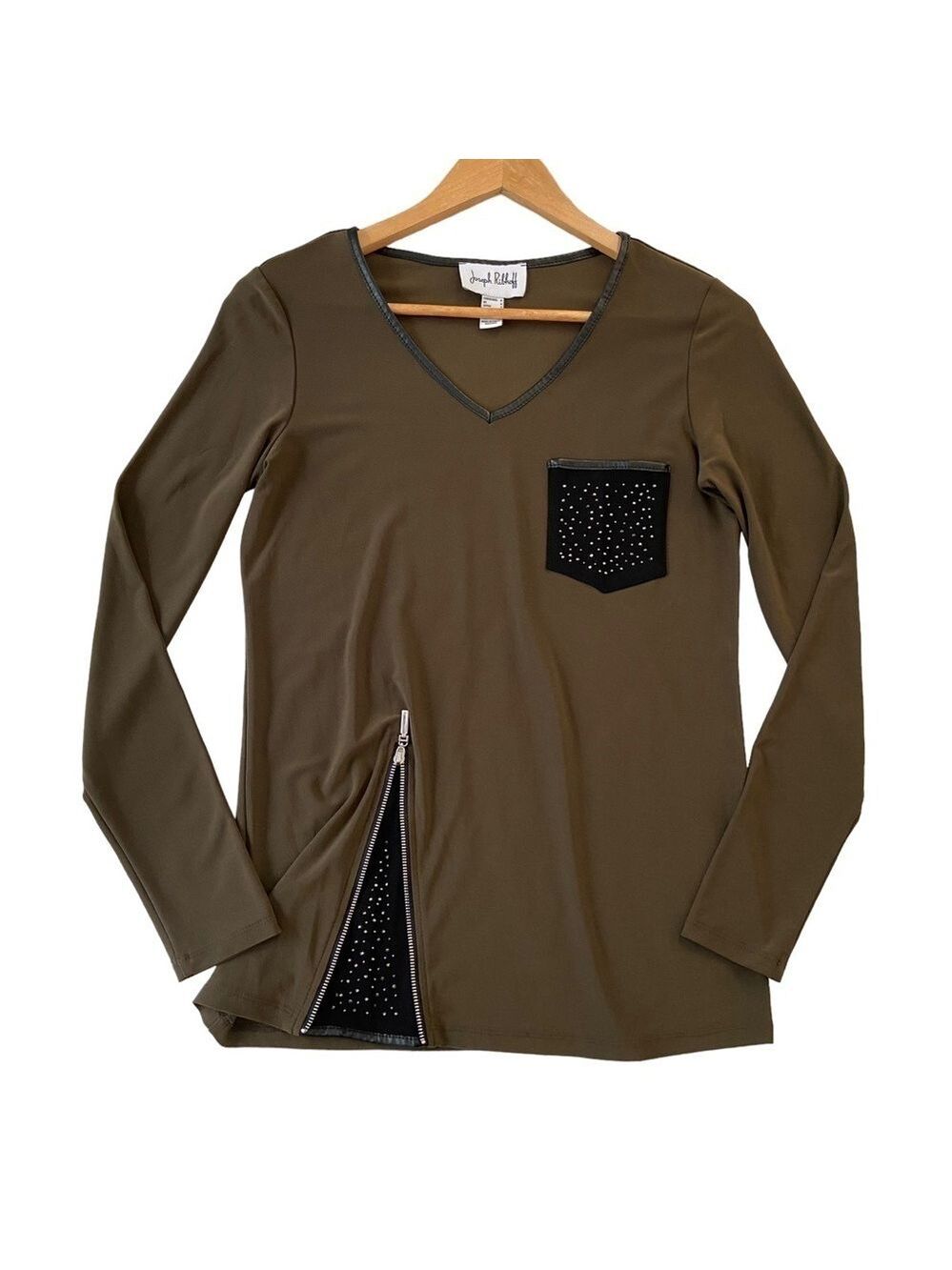 Joseph Ribkoff silky jersey top kaki brown black silver embellishment size 4